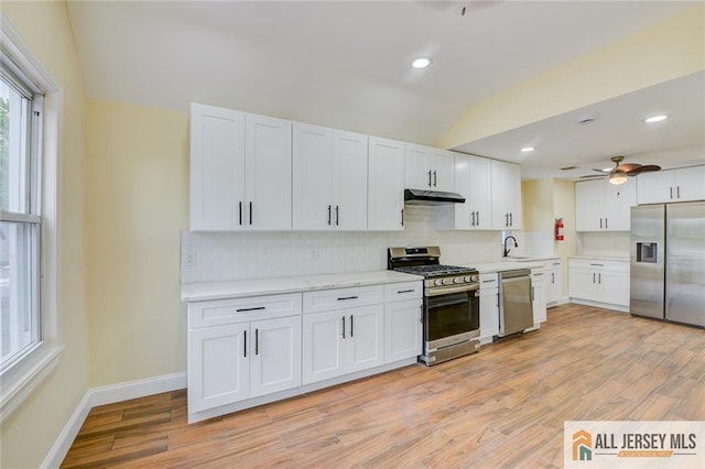 607 Almon Ave, Woodbridge Proper, NJ 07095 - kitchen with appliances with stainless steel finishes, tasteful backsplash, under cabinet range hood, light wood finished floors, and white cabinets