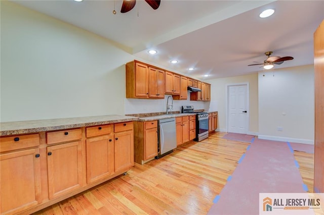 kitchen with stainless steel appliances, a ceiling fan, recessed lighting, under cabinet range hood, and light wood-type flooring