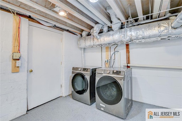 607 Almon Ave, Woodbridge Proper, NJ 07095 - laundry room featuring washing machine and dryer and concrete block wall