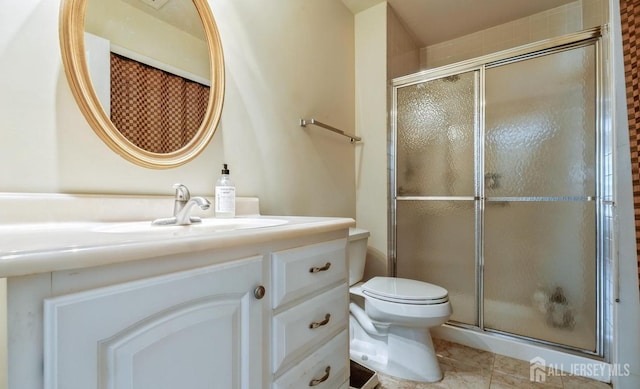 full bath featuring a stall shower, toilet, and vanity