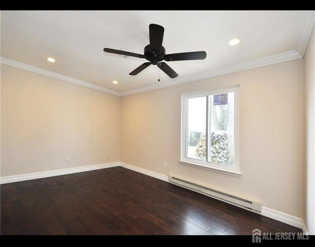 17 Celtis Plz Unit B, Monroe, NJ 08831 - empty room featuring a baseboard radiator, dark wood-type flooring, crown molding, recessed lighting, and a ceiling fan