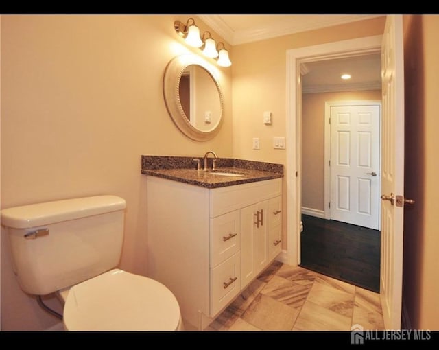 17 Celtis Plz Unit B, Monroe, NJ 08831 - bathroom featuring crown molding, vanity, recessed lighting, and marble finish flooring