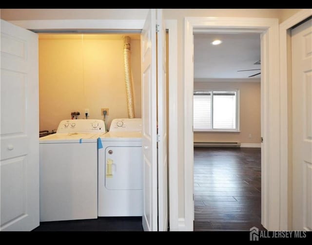 17 Celtis Plz Unit B, Monroe, NJ 08831 - washroom featuring a baseboard heating unit, washer and dryer, dark wood finished floors, crown molding, and recessed lighting