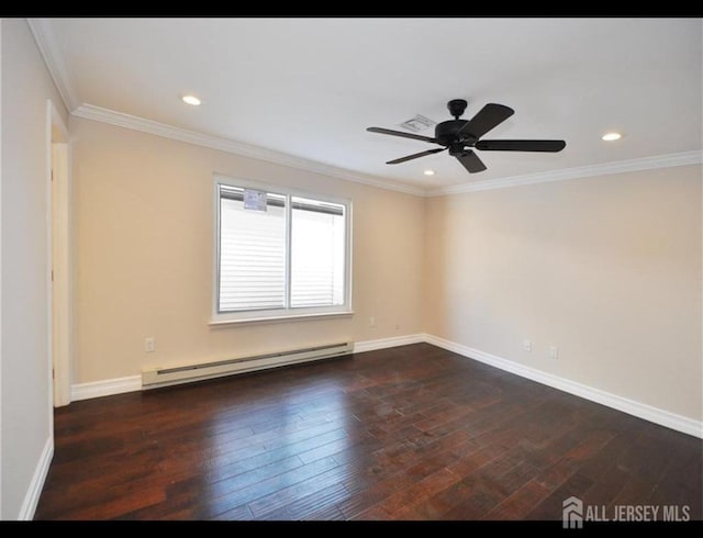 17 Celtis Plz Unit B, Monroe, NJ 08831 - unfurnished room featuring a baseboard heating unit, dark wood-type flooring, a ceiling fan, ornamental molding, and recessed lighting