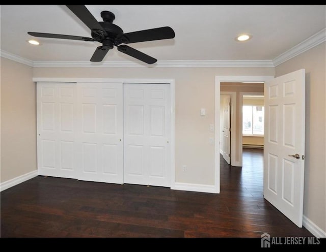 17 Celtis Plz Unit B, Monroe, NJ 08831 - unfurnished bedroom featuring ornamental molding, a closet, dark wood finished floors, recessed lighting, and a ceiling fan