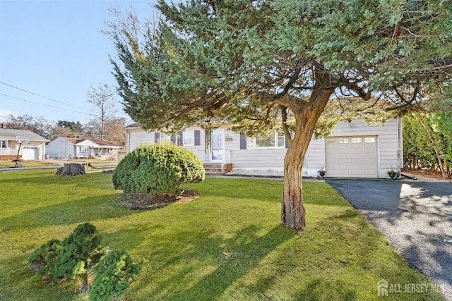 view of property hidden behind natural elements with an attached garage, a front lawn, and aphalt driveway