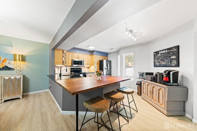 kitchen featuring light brown cabinets, a sink, light wood-style floors, appliances with stainless steel finishes, and wooden counters