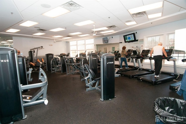 exercise room with a paneled ceiling and plenty of natural light