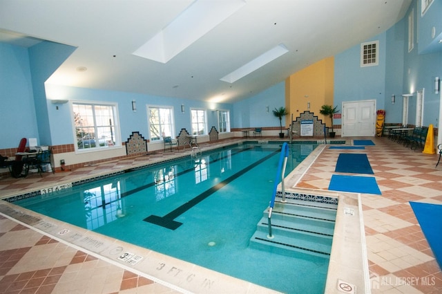 view of pool featuring a skylight