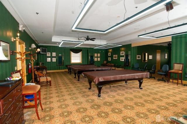 rec room with crown molding and billiards