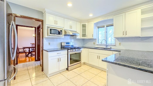 kitchen with dark stone countertops, stainless steel appliances, under cabinet range hood, open shelves, and a sink