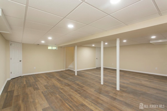 15 Bradley Dr, Edison, NJ 08817 - basement with dark wood finished floors, recessed lighting, stairway, and a drop ceiling