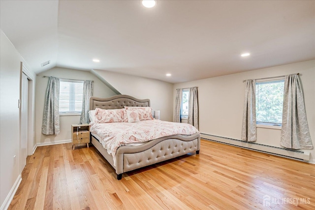 5 Alvin Ct, Menlo Park Terrace, NJ 08840 - bedroom featuring baseboard heating, light wood finished floors, multiple windows, vaulted ceiling, and recessed lighting