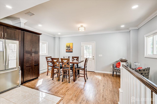 5 Alvin Ct, Menlo Park Terrace, NJ 08840 - dining area with ornamental molding, a baseboard radiator, light wood-style flooring, and recessed lighting