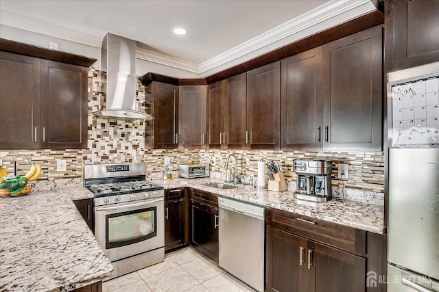 5 Alvin Ct, Menlo Park Terrace, NJ 08840 - kitchen with stainless steel appliances, wall chimney exhaust hood, dark brown cabinetry, crown molding, and light stone counters