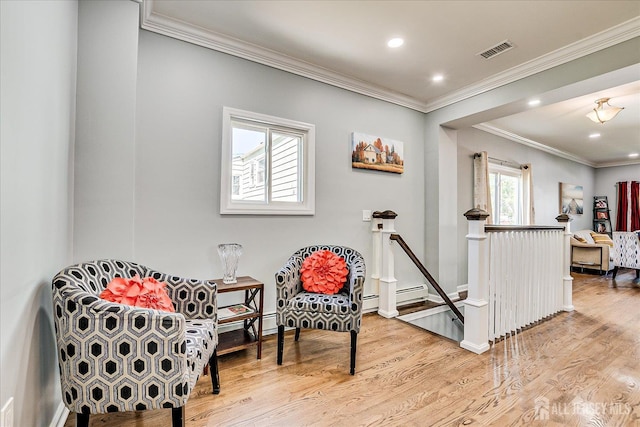 5 Alvin Ct, Menlo Park Terrace, NJ 08840 - living area featuring an upstairs landing, wood finished floors, ornamental molding, and recessed lighting