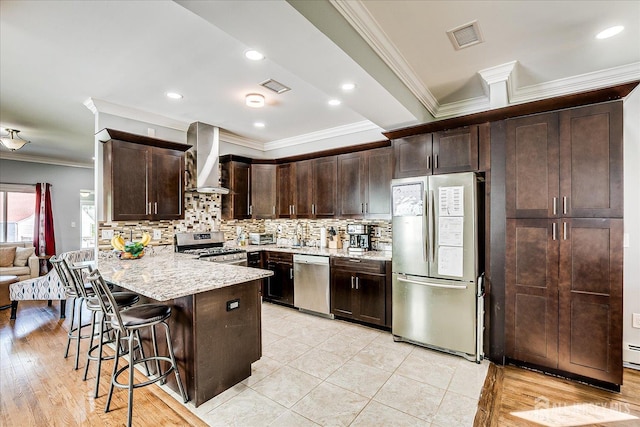 5 Alvin Ct, Menlo Park Terrace, NJ 08840 - kitchen featuring stainless steel appliances, wall chimney range hood, crown molding, a peninsula, and dark brown cabinets