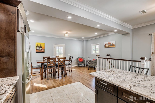 5 Alvin Ct, Menlo Park Terrace, NJ 08840 - dining space with ornamental molding, recessed lighting, and light tile patterned floors