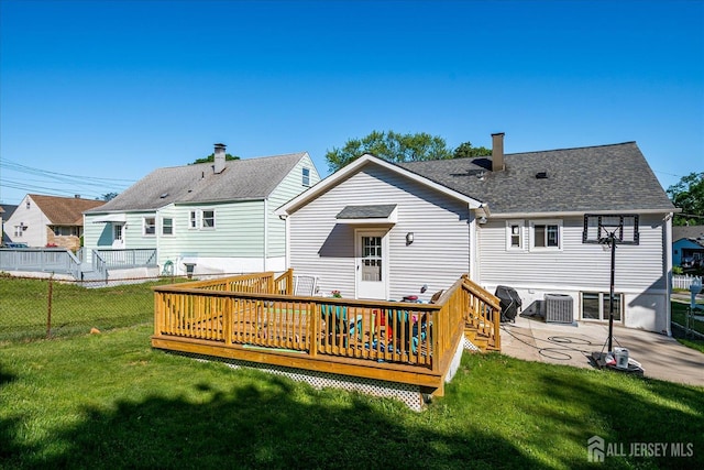 5 Alvin Ct, Menlo Park Terrace, NJ 08840 - back of house featuring a patio area, a deck, a shingled roof, and a chimney