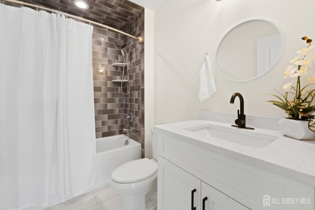 full bathroom featuring shower / tub combo, tile patterned flooring, vanity, and toilet