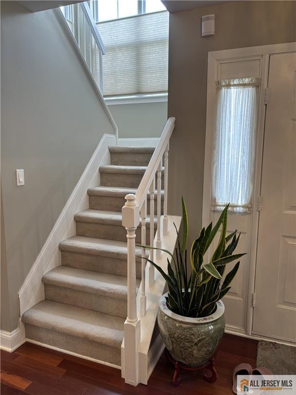 stairway with baseboards and wood finished floors