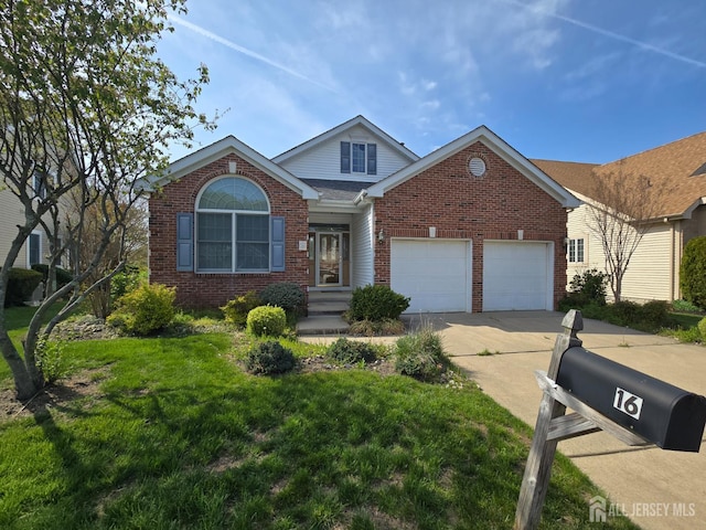 16 Phillip Ct, Monroe, NJ 08831 - traditional home with brick siding, an attached garage, concrete driveway, and a front lawn