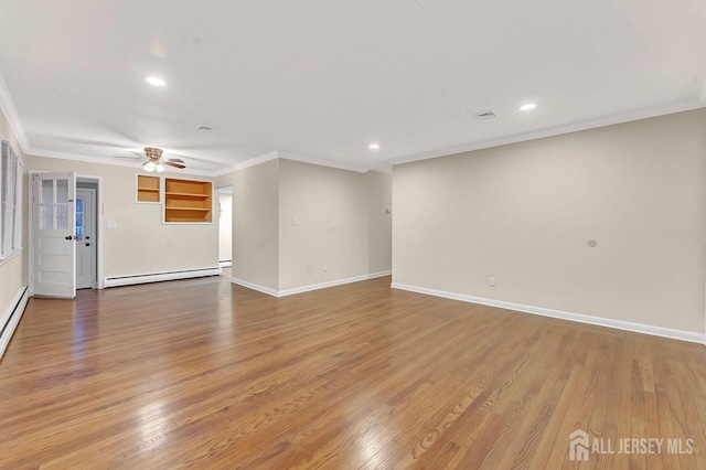 unfurnished living room featuring crown molding, a baseboard radiator, wood finished floors, and baseboards