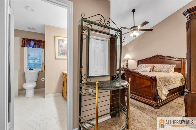 bedroom with ceiling fan and vaulted ceiling