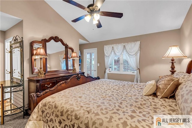 bedroom with carpet floors, vaulted ceiling, and a ceiling fan