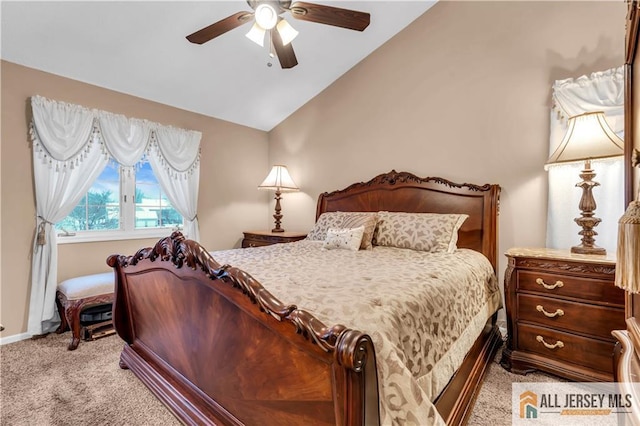 bedroom with vaulted ceiling, baseboards, a ceiling fan, and light colored carpet