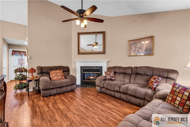 living room with ceiling fan and wood-type flooring