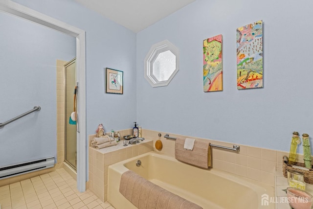 bathroom with independent shower and bath, a baseboard heating unit, and tile patterned floors