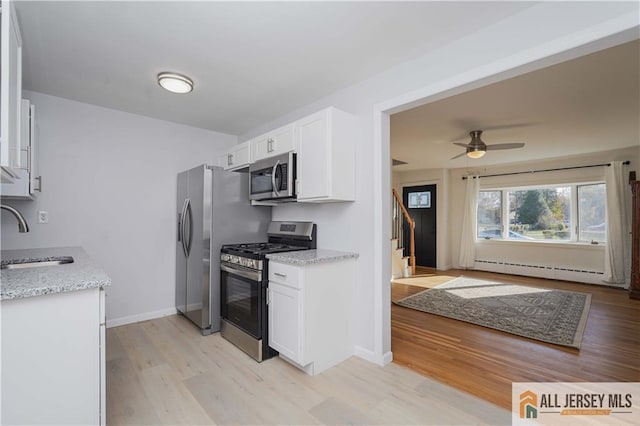 kitchen featuring sink, white cabinets, stainless steel appliances, light stone countertops, and light wood-type flooring