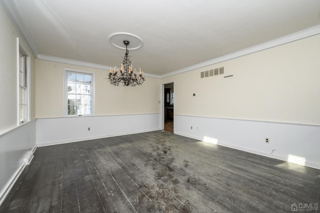 interior space featuring visible vents, baseboards, dark wood-style floors, a notable chandelier, and ornamental molding