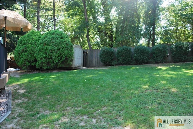 view of yard with a storage unit, an outdoor structure, and fence