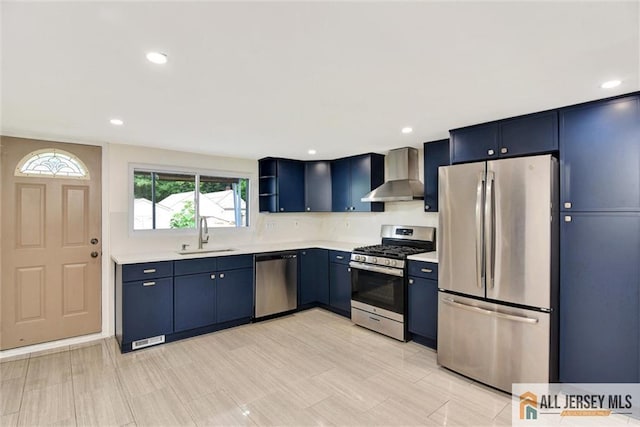 27 Laurel St, South Amboy, NJ 08879 - kitchen with stainless steel appliances, wall chimney range hood, blue cabinets, light countertops, and open shelves