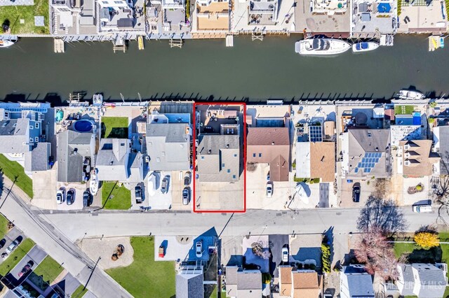 8 Bahia Ct, Brick, NJ 08723 - aerial perspective of suburban area with a large body of water and property parcel outlined
