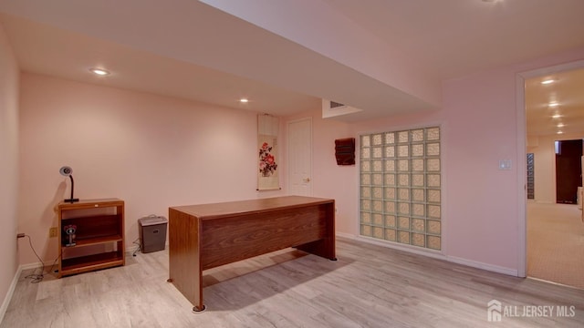 office area featuring wood finished floors, baseboards, and recessed lighting