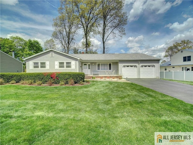 ranch-style home featuring a garage, asphalt driveway, and a porch