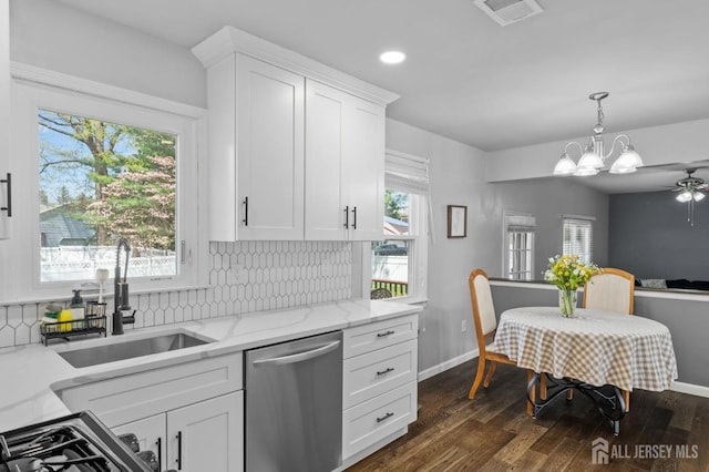kitchen with a sink, white cabinetry, decorative backsplash, stainless steel dishwasher, and visible vents