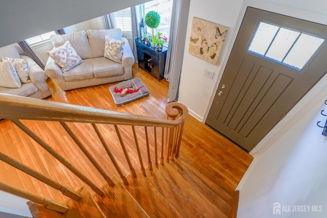 foyer entrance featuring wood finished floors and baseboards