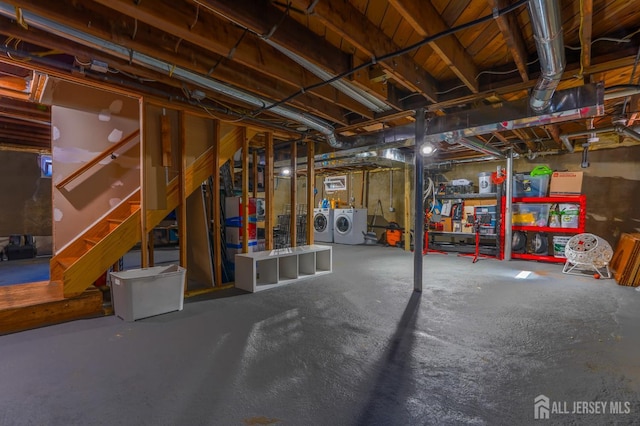 unfinished below grade area with washer and clothes dryer, stairway, and water heater