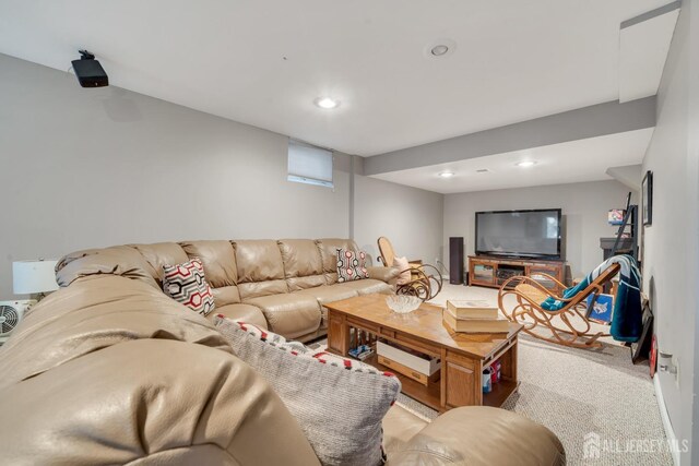 living room featuring light colored carpet