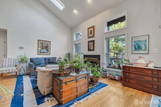 living area featuring high vaulted ceiling, a skylight, and light hardwood / wood-style floors