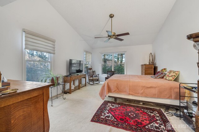 carpeted bedroom with ceiling fan and lofted ceiling