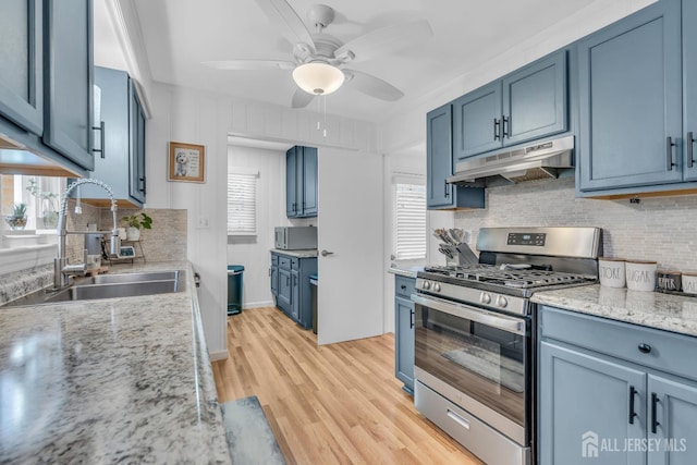 1 Highview Rd, East Brunswick, NJ 08816 - kitchen featuring appliances with stainless steel finishes, under cabinet range hood, a sink, blue cabinetry, and decorative backsplash