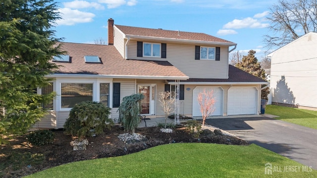 traditional home featuring a front lawn, driveway, a shingled roof, a garage, and a chimney