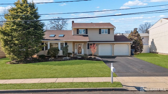 traditional home with driveway, an attached garage, and a front yard