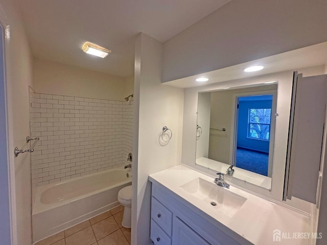 full bathroom featuring shower / washtub combination, tile patterned floors, vanity, toilet, and recessed lighting