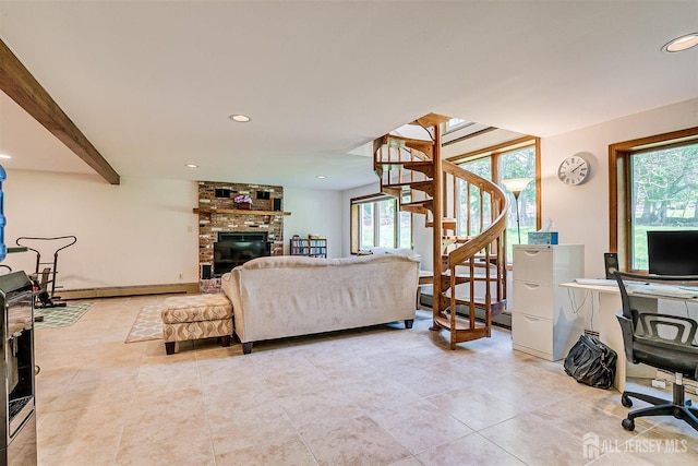 9 NW Fielding Pl, Edison, NJ 08820 - living area featuring baseboard heating, healthy amount of natural light, stairway, recessed lighting, and a brick fireplace